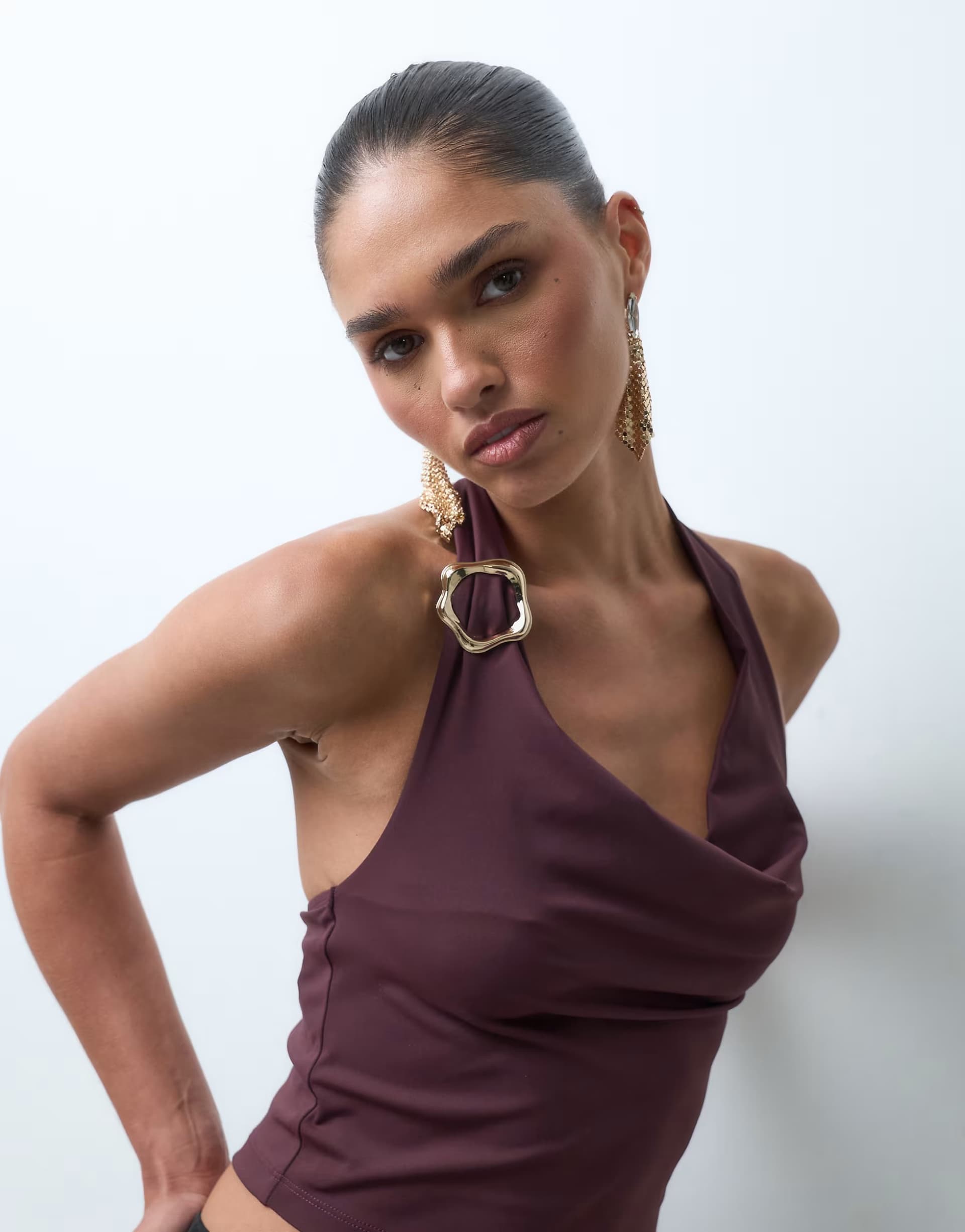 ASOS The Frolic exclusive ruched cowl neck metal hardware top in plum