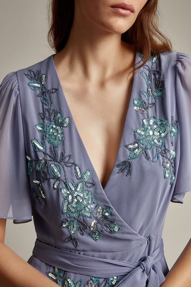 Monsoon Monsoon Women's Sarah Floral Embellished Maxi Wrap Dress in Mid Blue - 2