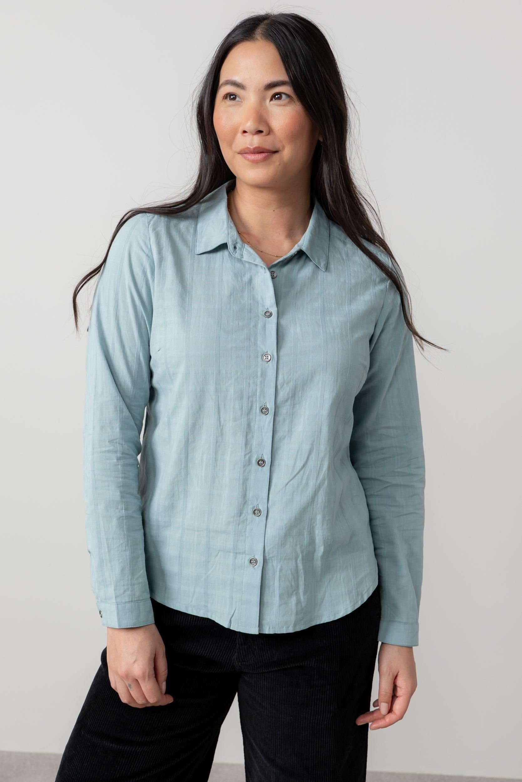 Lily & Me Lily & Me Women's Patsy Long Sleeve Cotton Check Shirt with Classic collar & cuffs in Duck Egg Blue