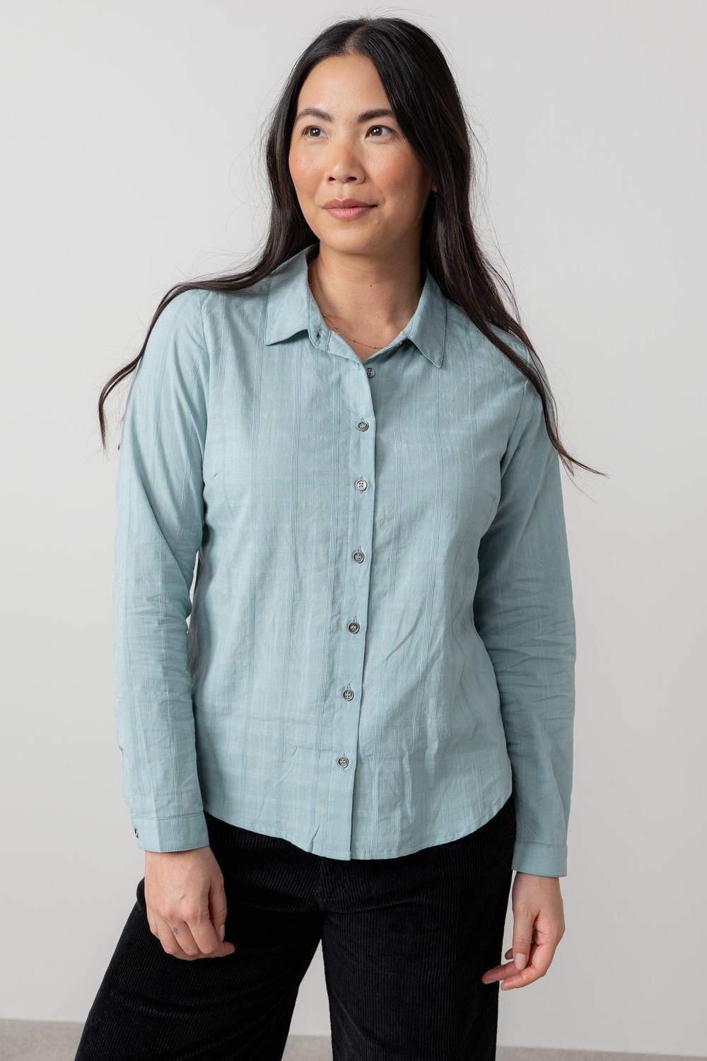 Lily & Me Lily & Me Women's Patsy Long Sleeve Cotton Check Shirt with Classic collar & cuffs in Duck Egg Blue - 2