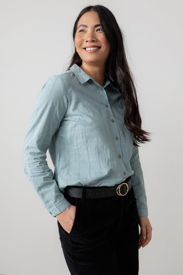 Lily & Me Lily & Me Women's Patsy Long Sleeve Cotton Check Shirt with Classic collar & cuffs in Duck Egg Blue - 2