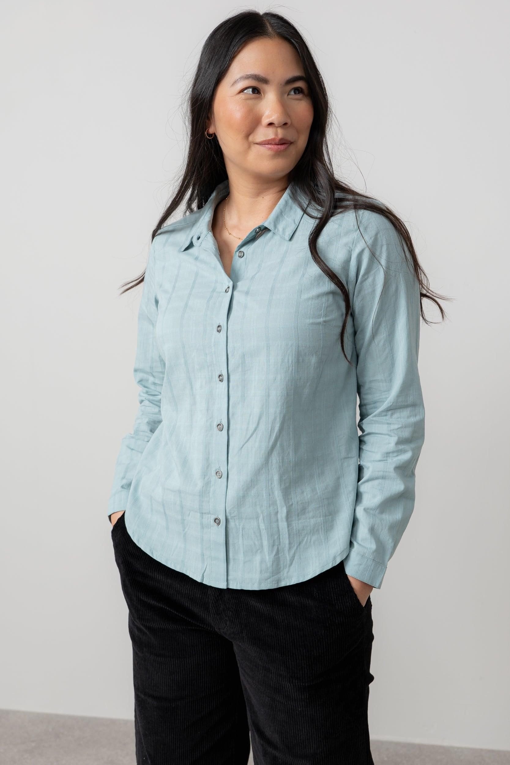 Lily & Me Lily & Me Women's Patsy Long Sleeve Cotton Check Shirt with Classic collar & cuffs in Duck Egg Blue - 4