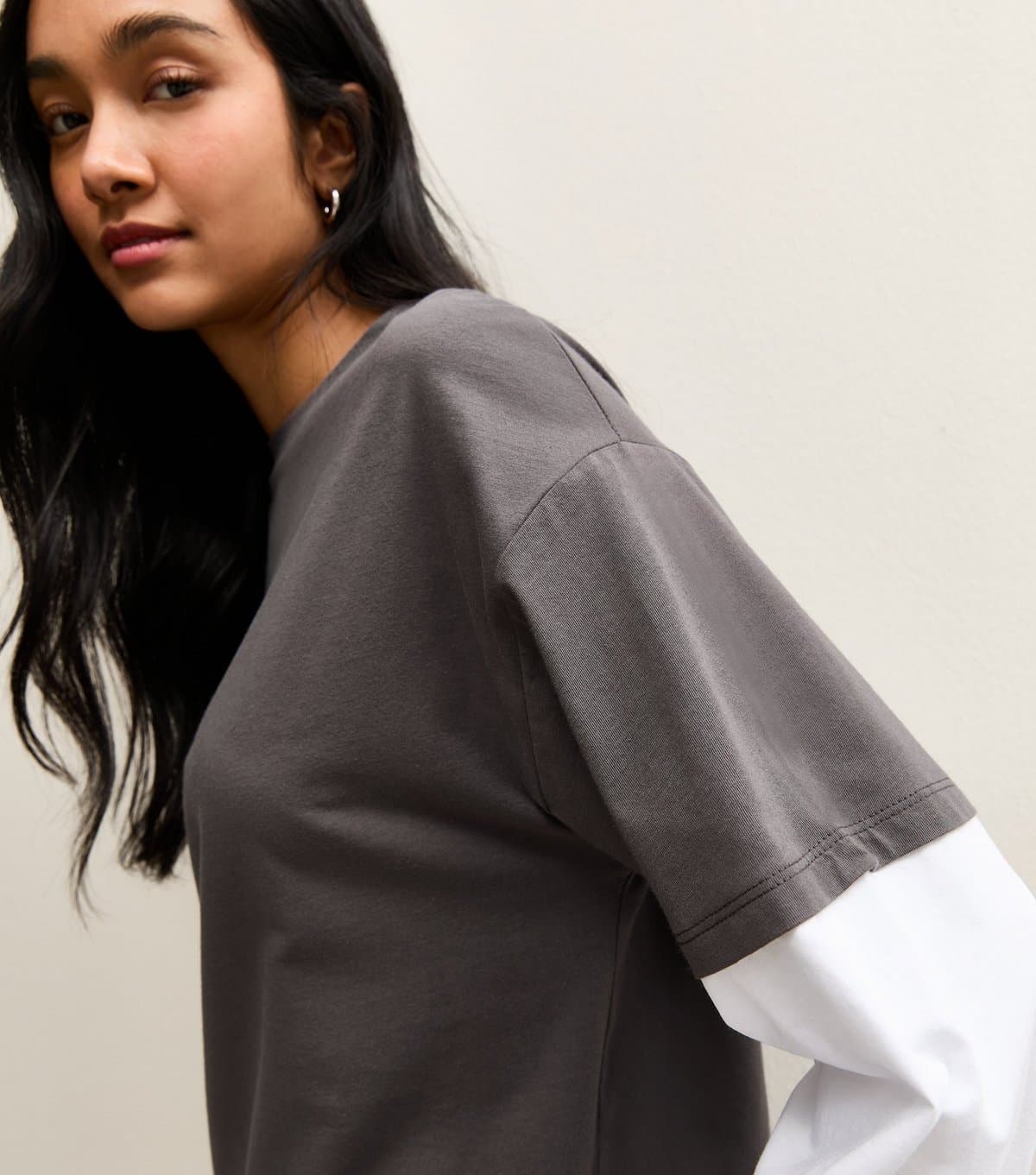 New Look Women's Dark Grey Boxy Layered Sleeve T-Shirt New Look