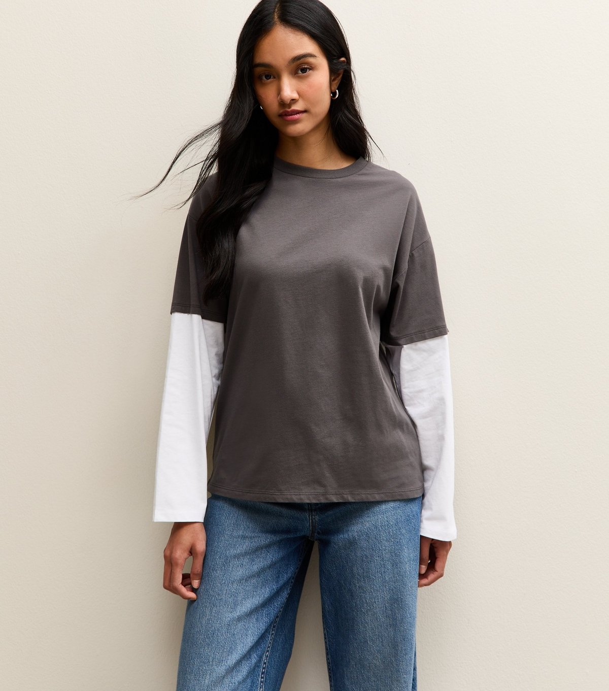 New Look Women's Dark Grey Boxy Layered Sleeve T-Shirt New Look - 2