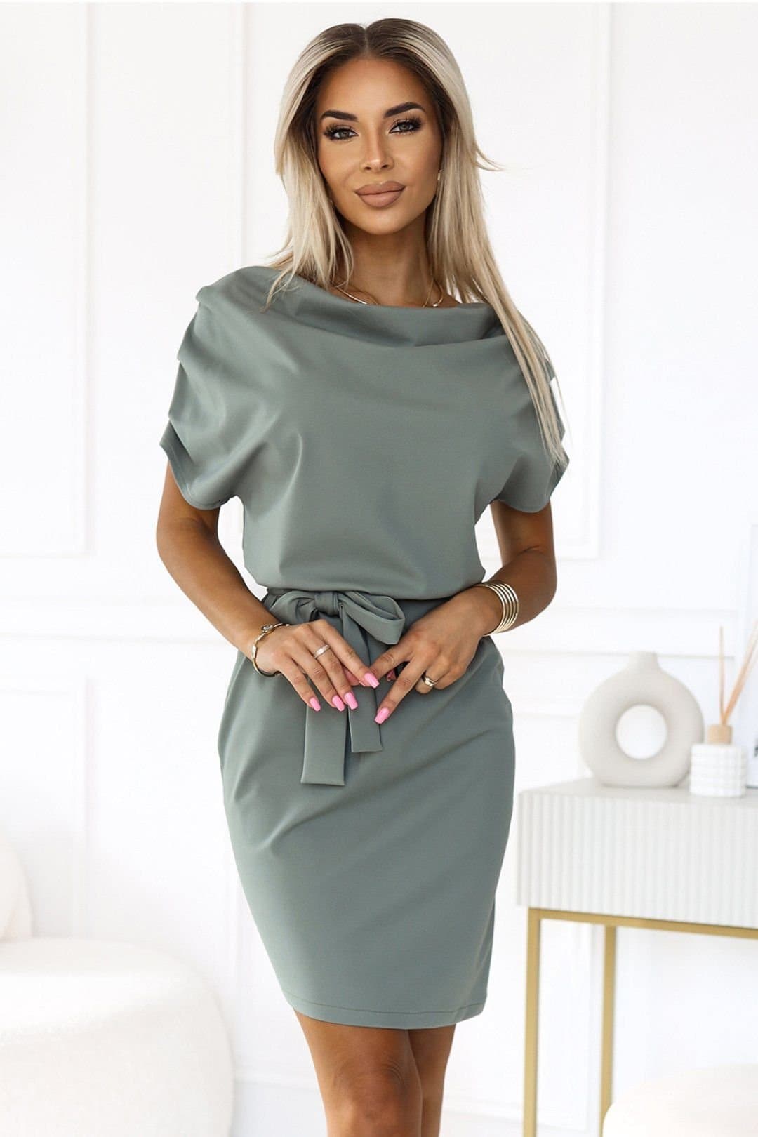 Love Lace Love Lace Women's Olive Asymmetrical Belted Elastic Dress in Green