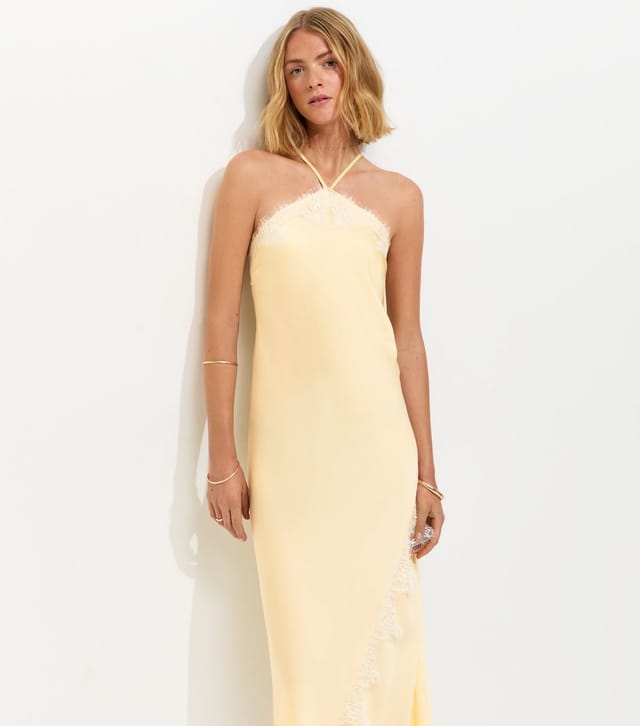 New Look Women's Light Yellow Satin Lace Trimmed Halter Neck Midi Dress New Look - 3