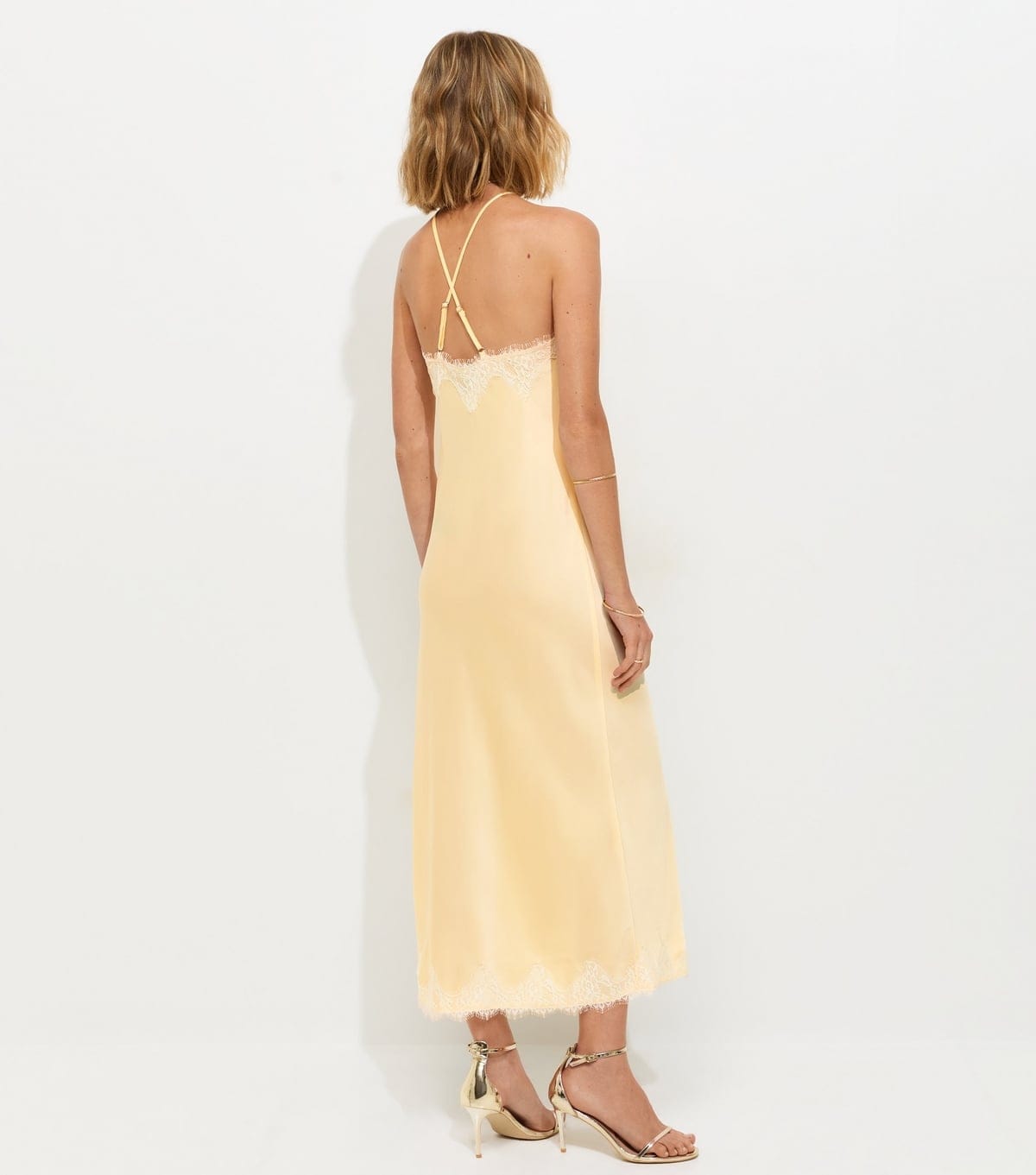 New Look Women's Light Yellow Satin Lace Trimmed Halter Neck Midi Dress New Look - 4