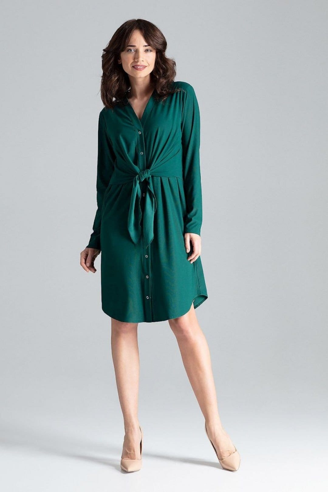 Love Lace Green Long-Sleeve Shirt Dress with Tie Waist