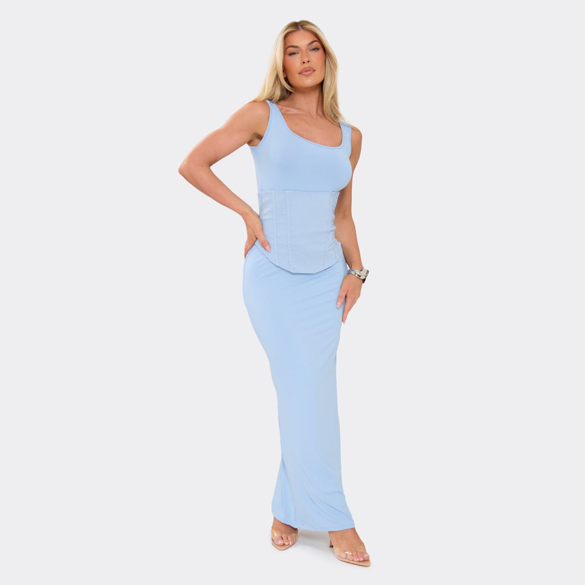 EGO Scoop Neck Corset Detail Maxi Dress In Blue, Women's Size UK 6
