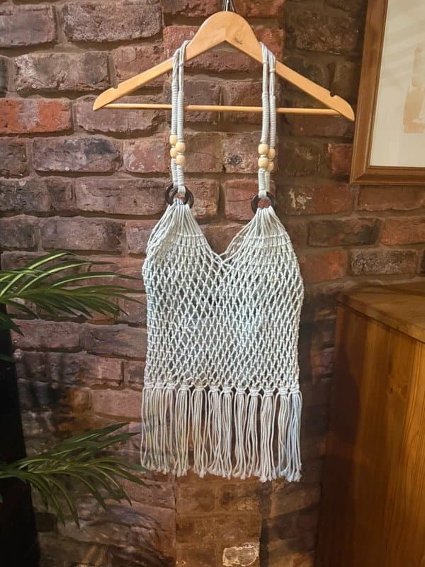 New Look String fringe beach bag with wooden bead detail, pale turquoise with inside zip up bag