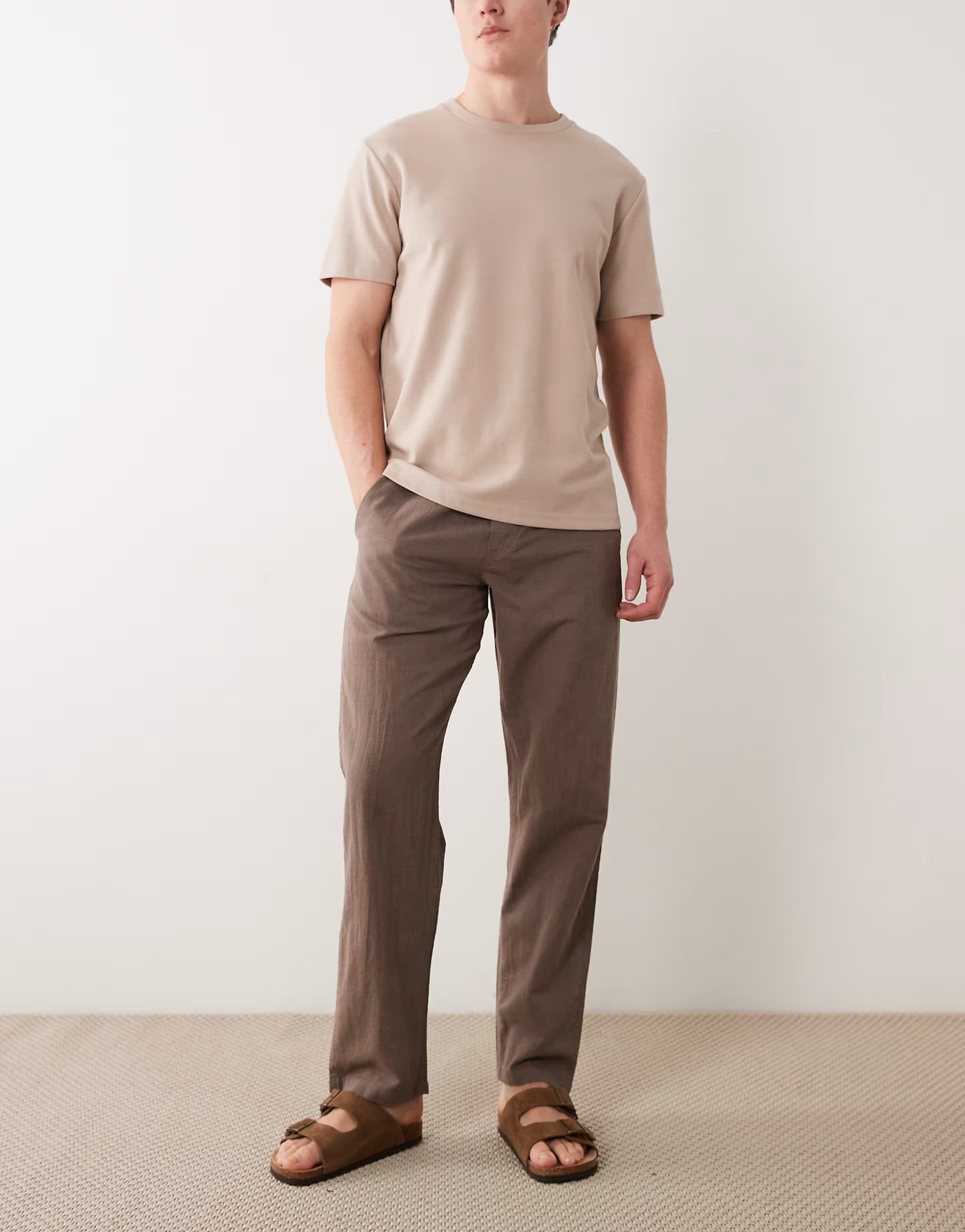ASOS Jack & Jones linen blend trouser with drawstring waist in brown