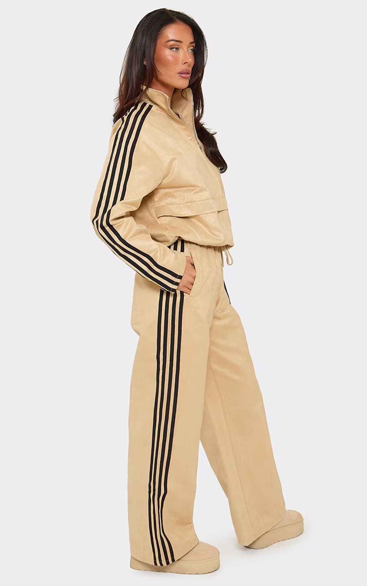 EGO Mid Rise Contrast Side Stripe Wide Leg Joggers In Taupe Faux Suede, Women's Size UK 6