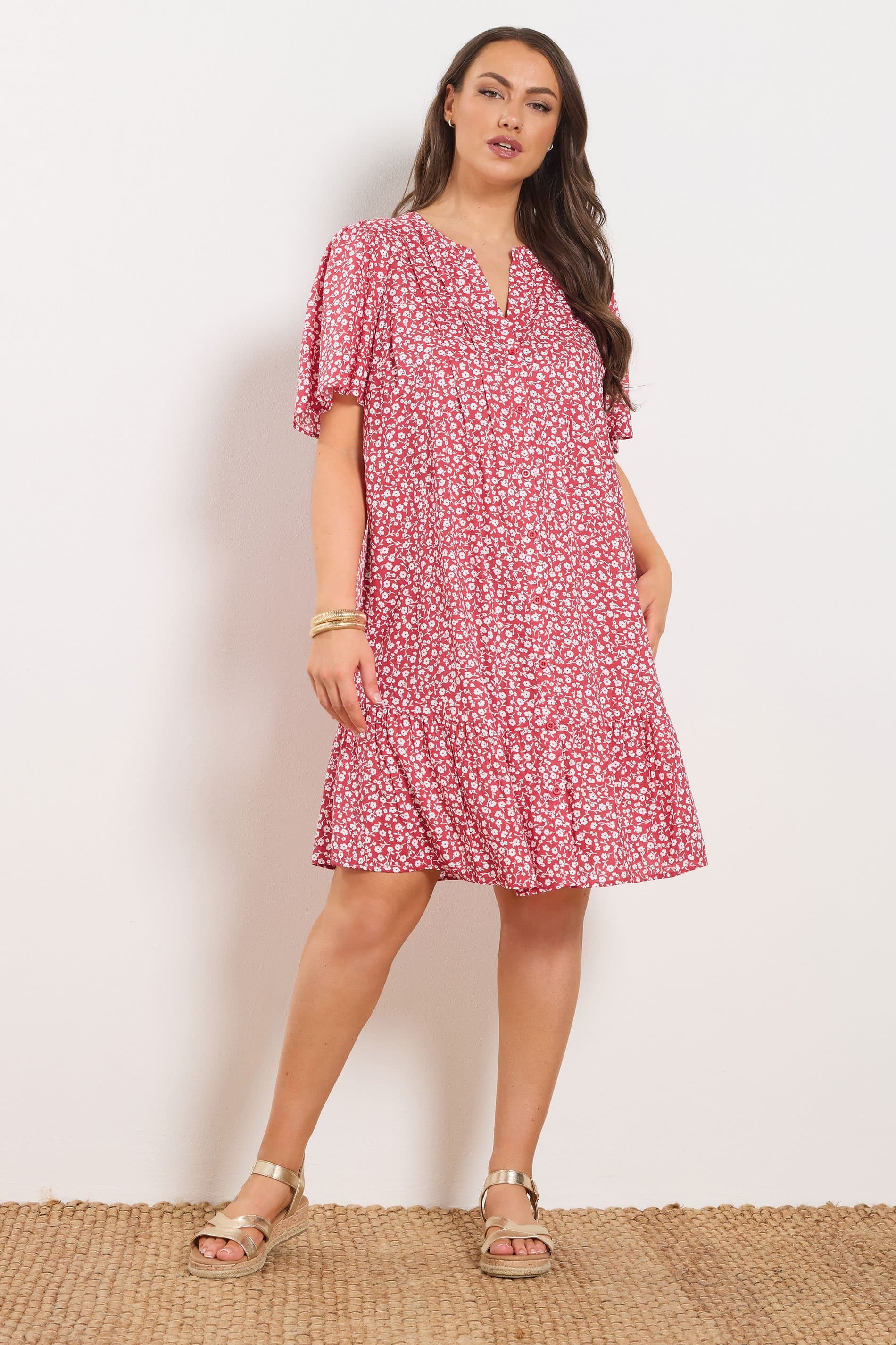 Yours Plus Size Red Ditsy Floral Smock Dress
