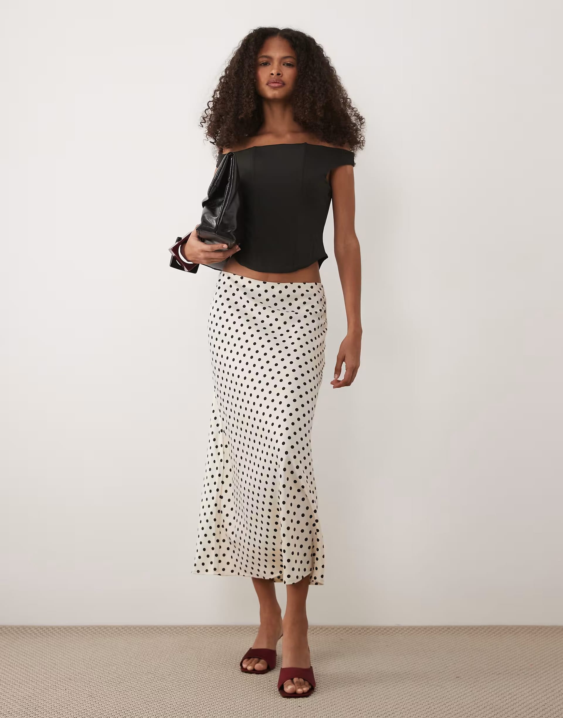 YAS Satin Cream & Black Spot Print Midi Skirt by ASOS