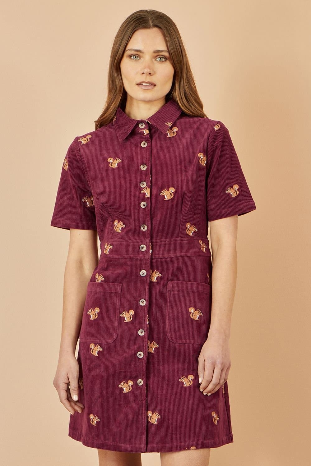 Yumi Yumi Women's Burgundy Cord Shirt Dress With All Over Squirrel Embroidery