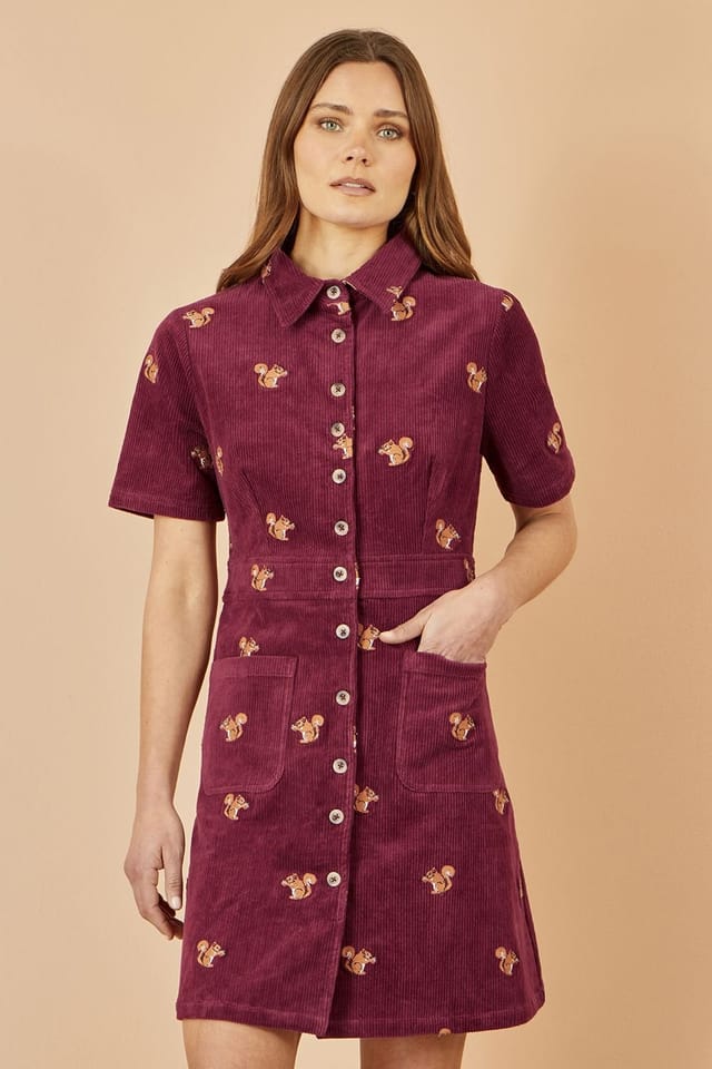 Yumi Yumi Women's Burgundy Cord Shirt Dress With All Over Squirrel Embroidery - 2