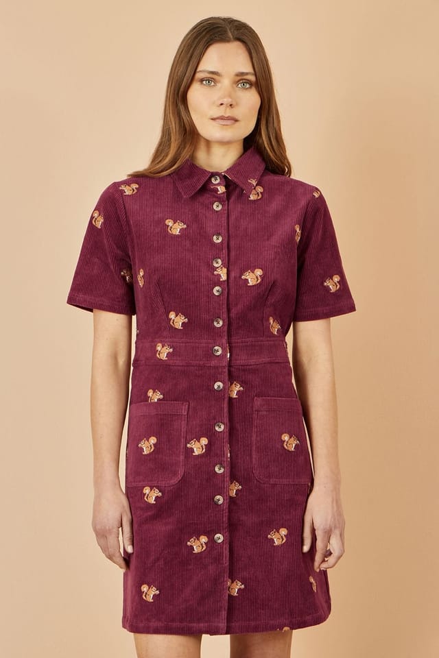 Yumi Yumi Women's Burgundy Cord Shirt Dress With All Over Squirrel Embroidery - 3