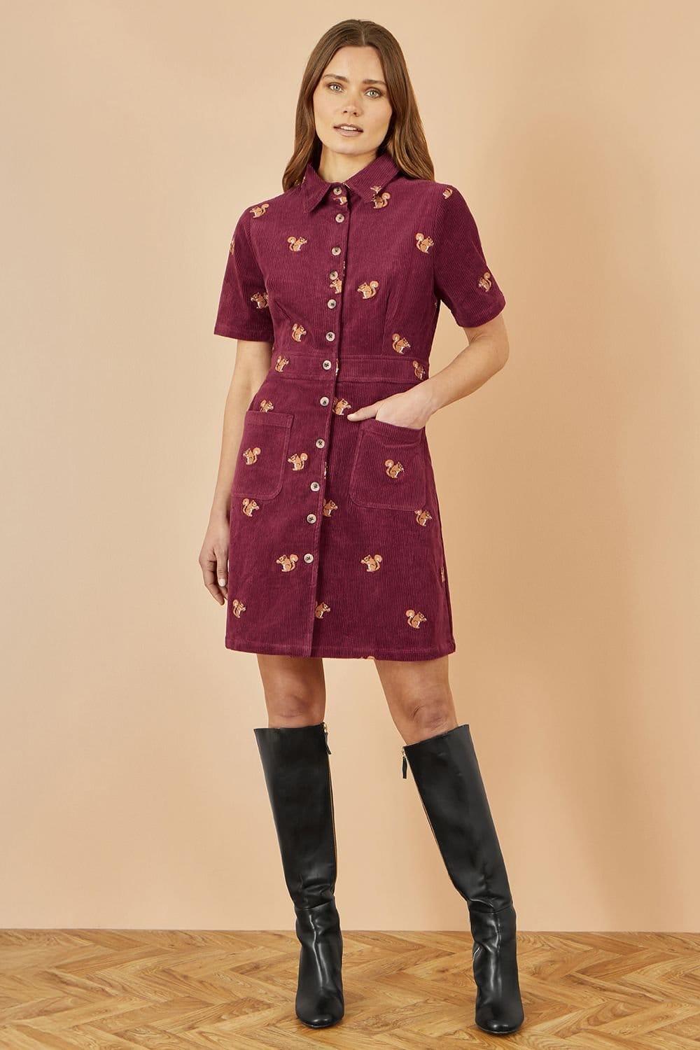 Yumi Yumi Women's Burgundy Cord Shirt Dress With All Over Squirrel Embroidery - 4