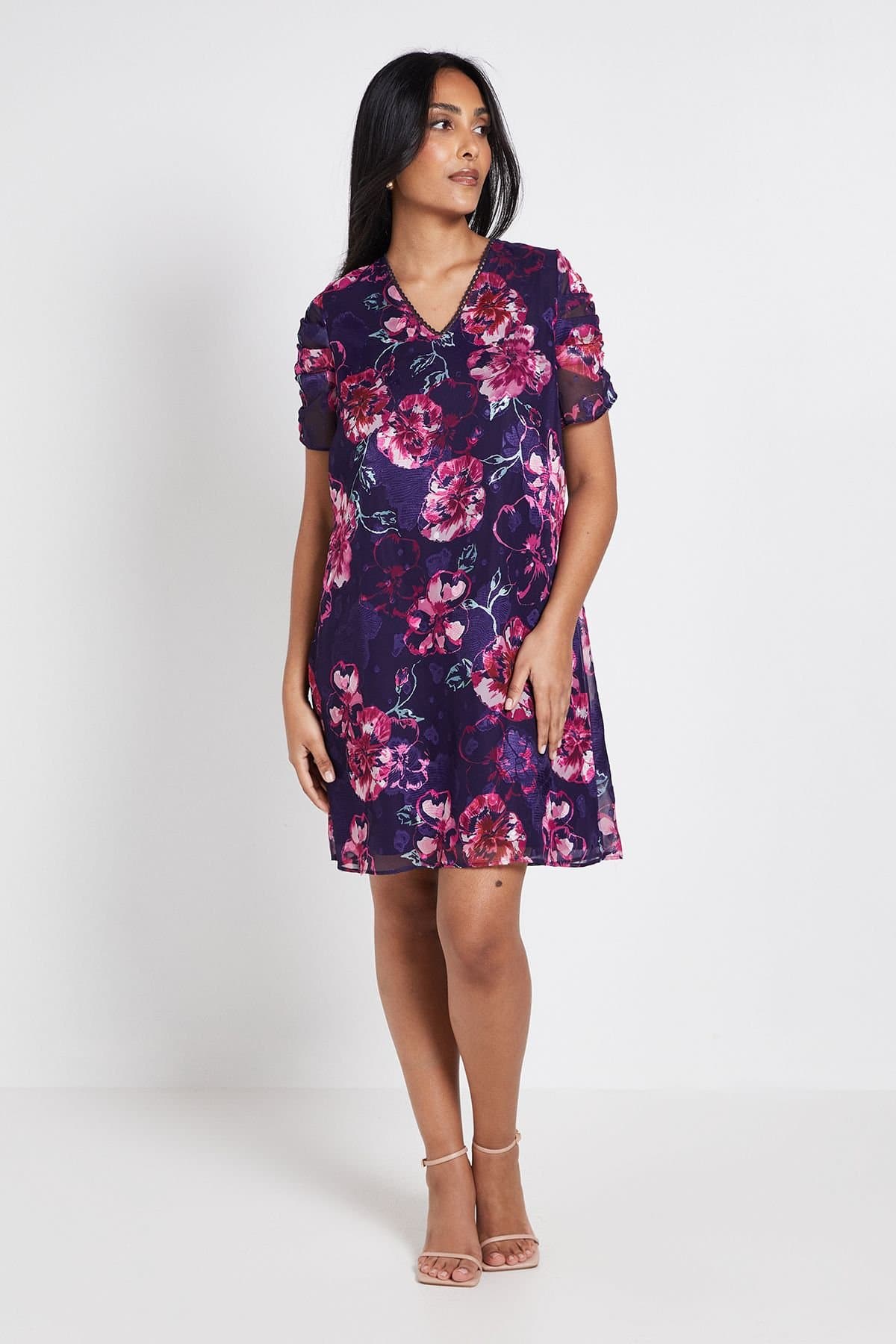 Wallis Wallis Women's Petite Floral Puff Sleeve Shift Dress in Navy