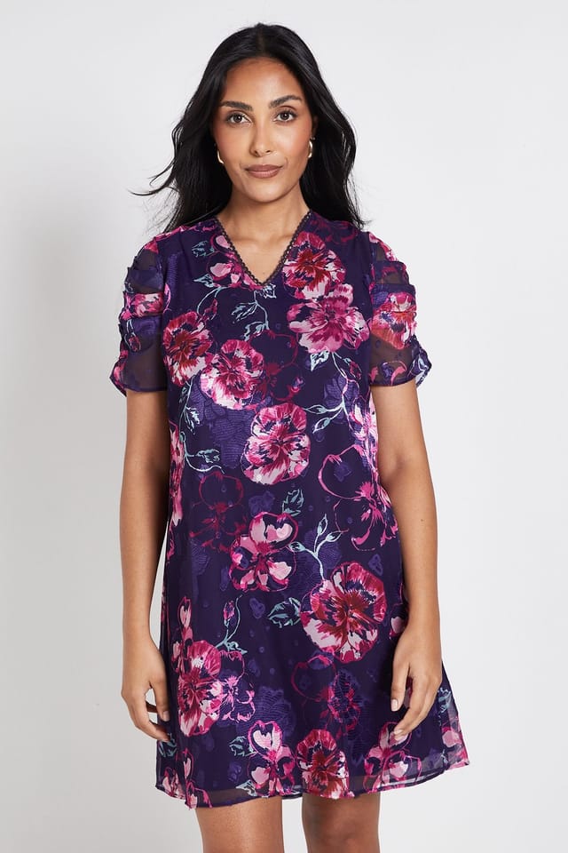 Wallis Wallis Women's Petite Floral Puff Sleeve Shift Dress in Navy - 2