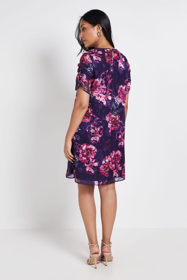 Wallis Wallis Women's Petite Floral Puff Sleeve Shift Dress in Navy - 3