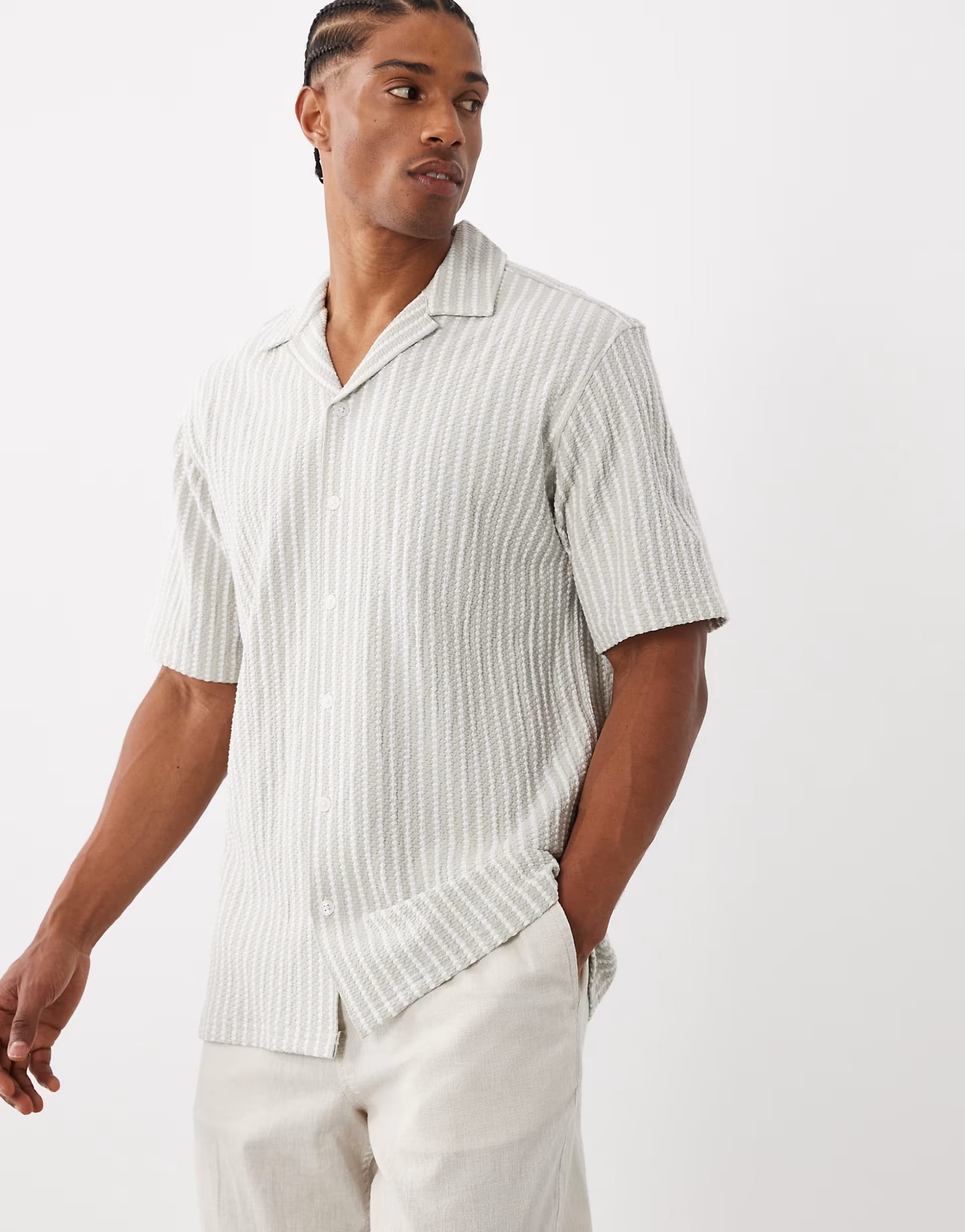 Jack & Jones Sage Green Striped Short Sleeve Shirt