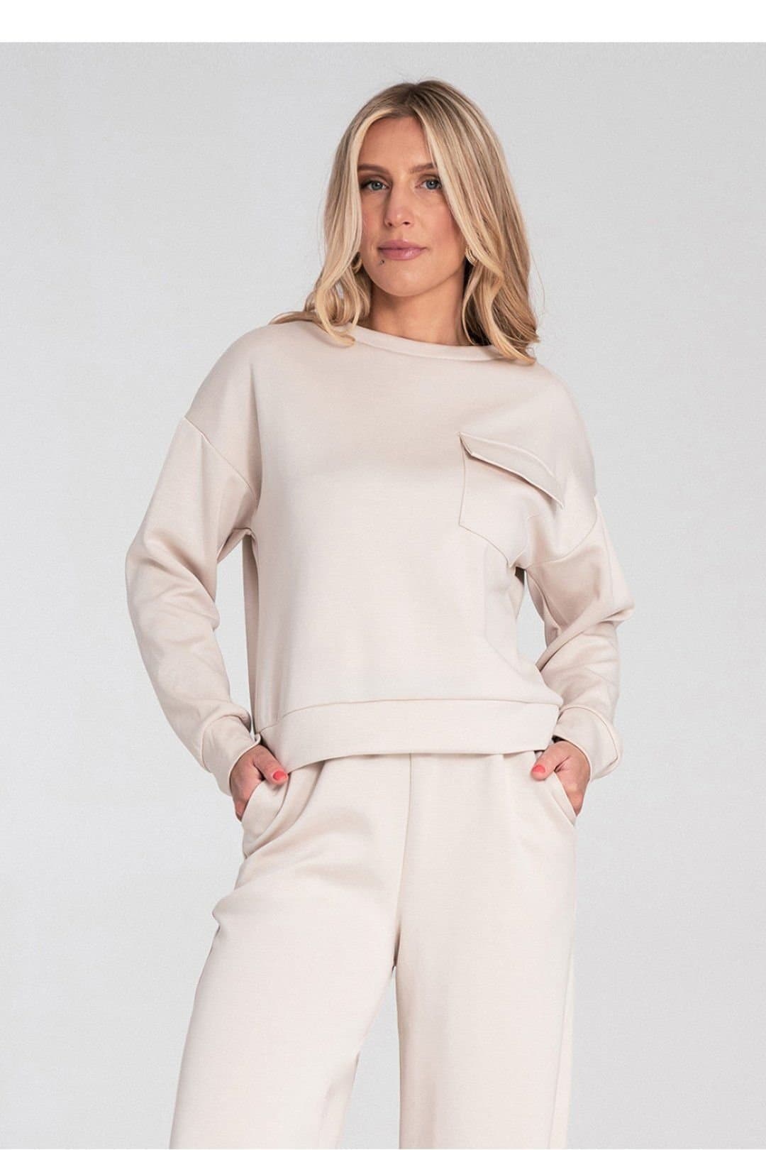 Love Lace Love Lace Women's Long Sleeve Round Neck Flap Pocket Sweatshirt in Beige