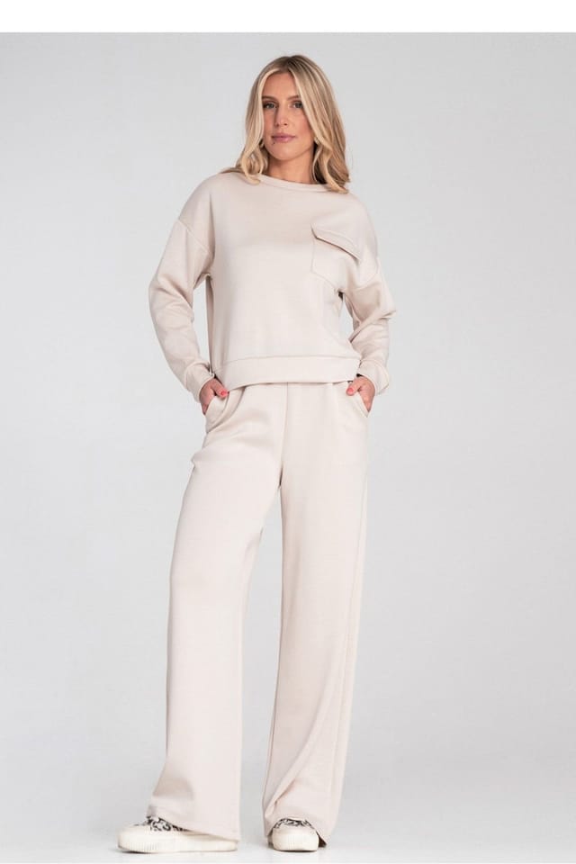Love Lace Love Lace Women's Long Sleeve Round Neck Flap Pocket Sweatshirt in Beige - 2