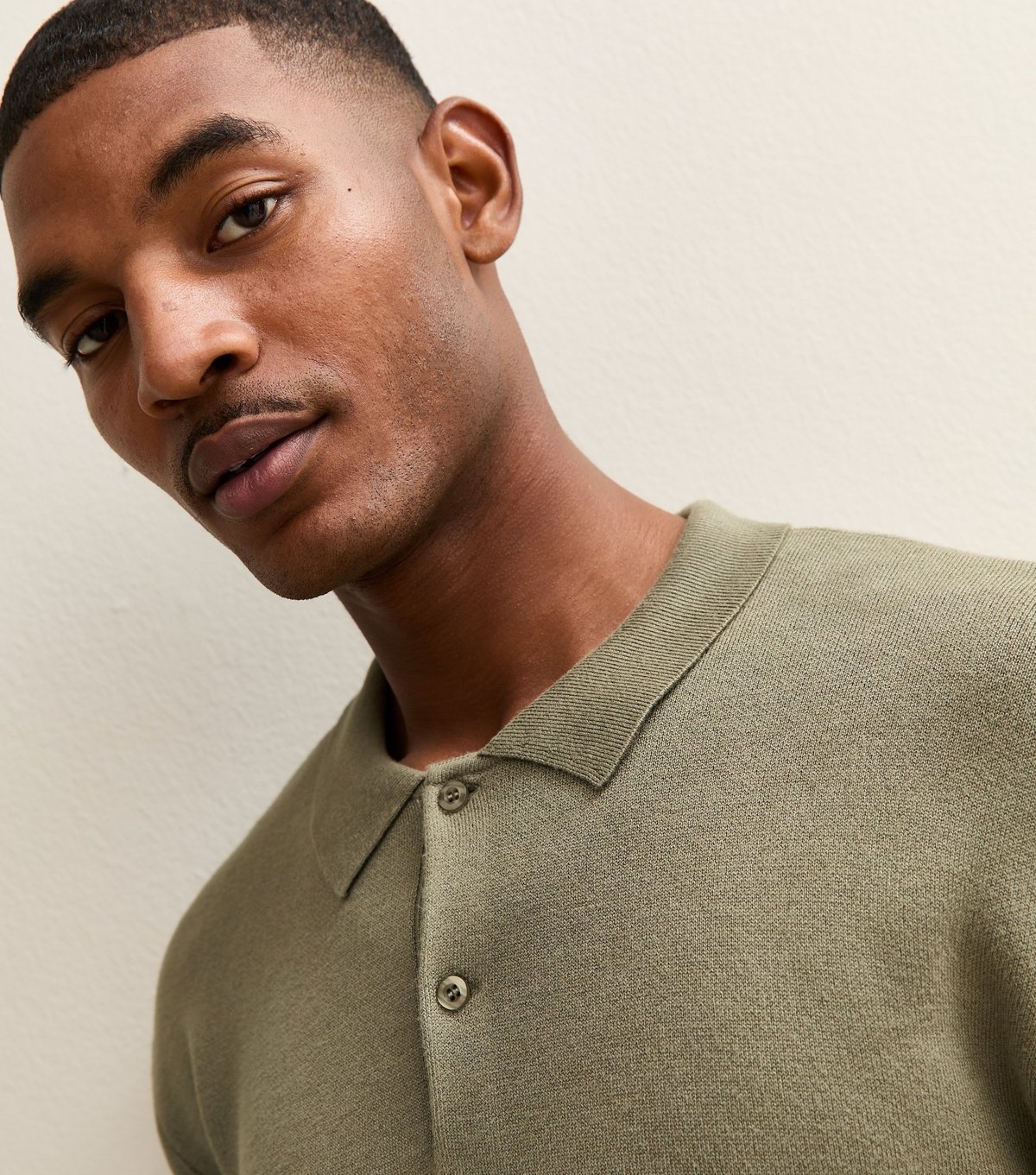 New Look Men's Khaki Relaxed Fit Long Sleeve Button Polo Shirt New Look - 2