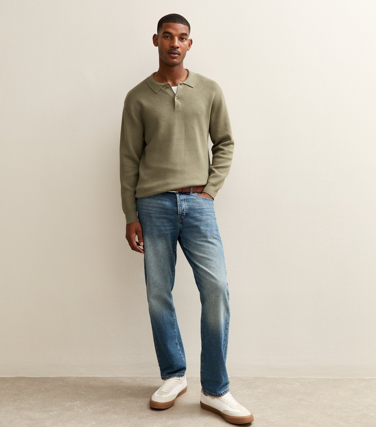 New Look Men's Khaki Relaxed Fit Long Sleeve Button Polo Shirt New Look - 3