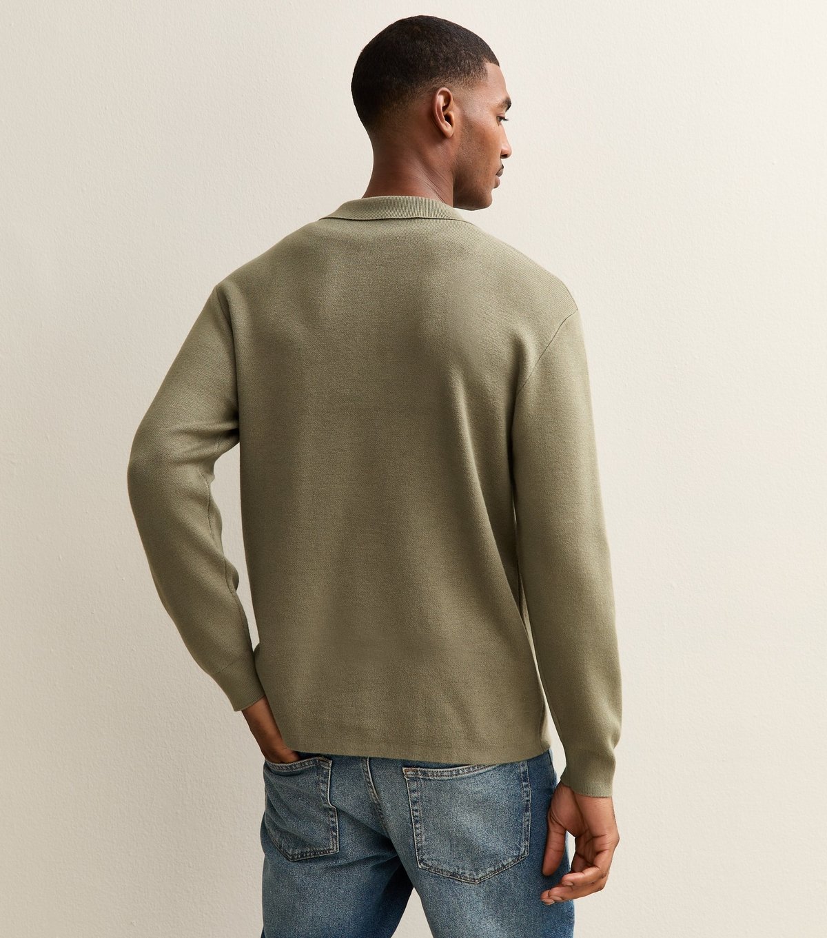 New Look Men's Khaki Relaxed Fit Long Sleeve Button Polo Shirt New Look - 4