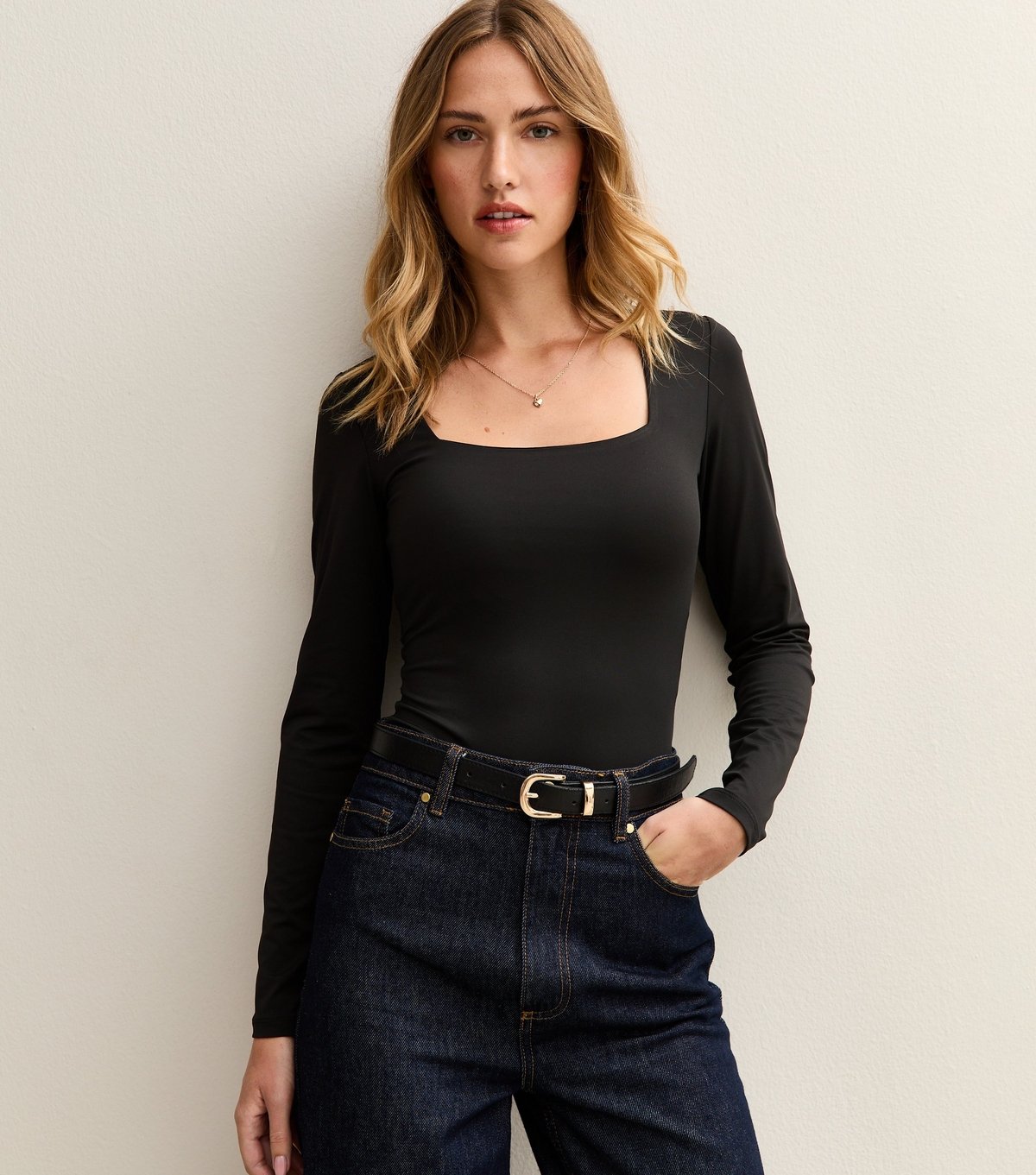 New Look Women's Black Slinky Square Neck Long Sleeve Bodysuit New Look - 2