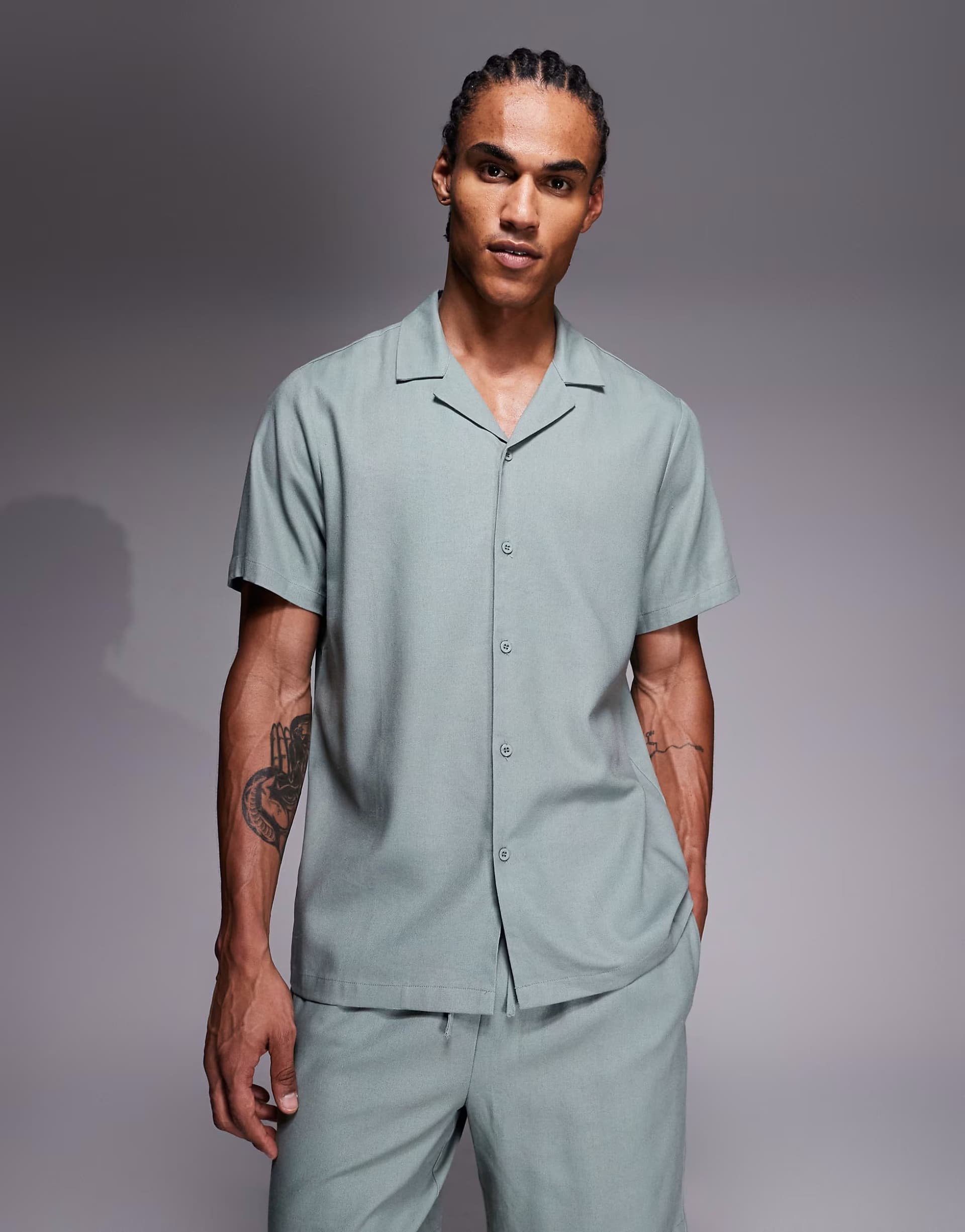 ASOS South Beach short sleeve linen look shirt in faded green