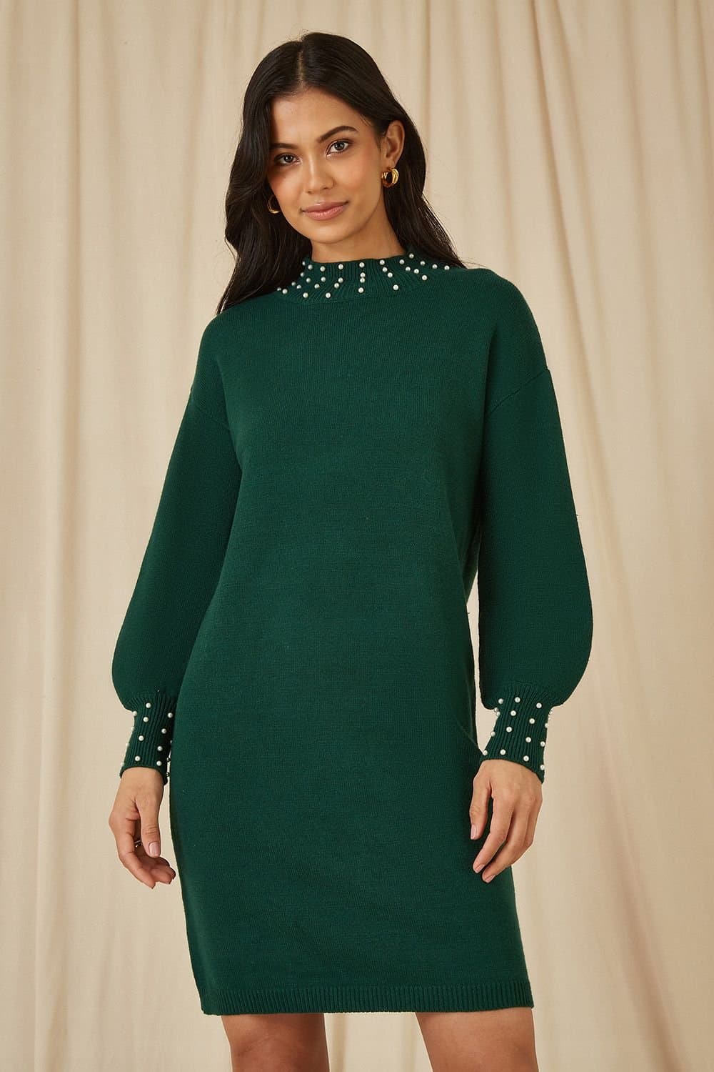 Yumi Yumi Women's Green Pearl Detail Knitted Relaxed Jumper Dress