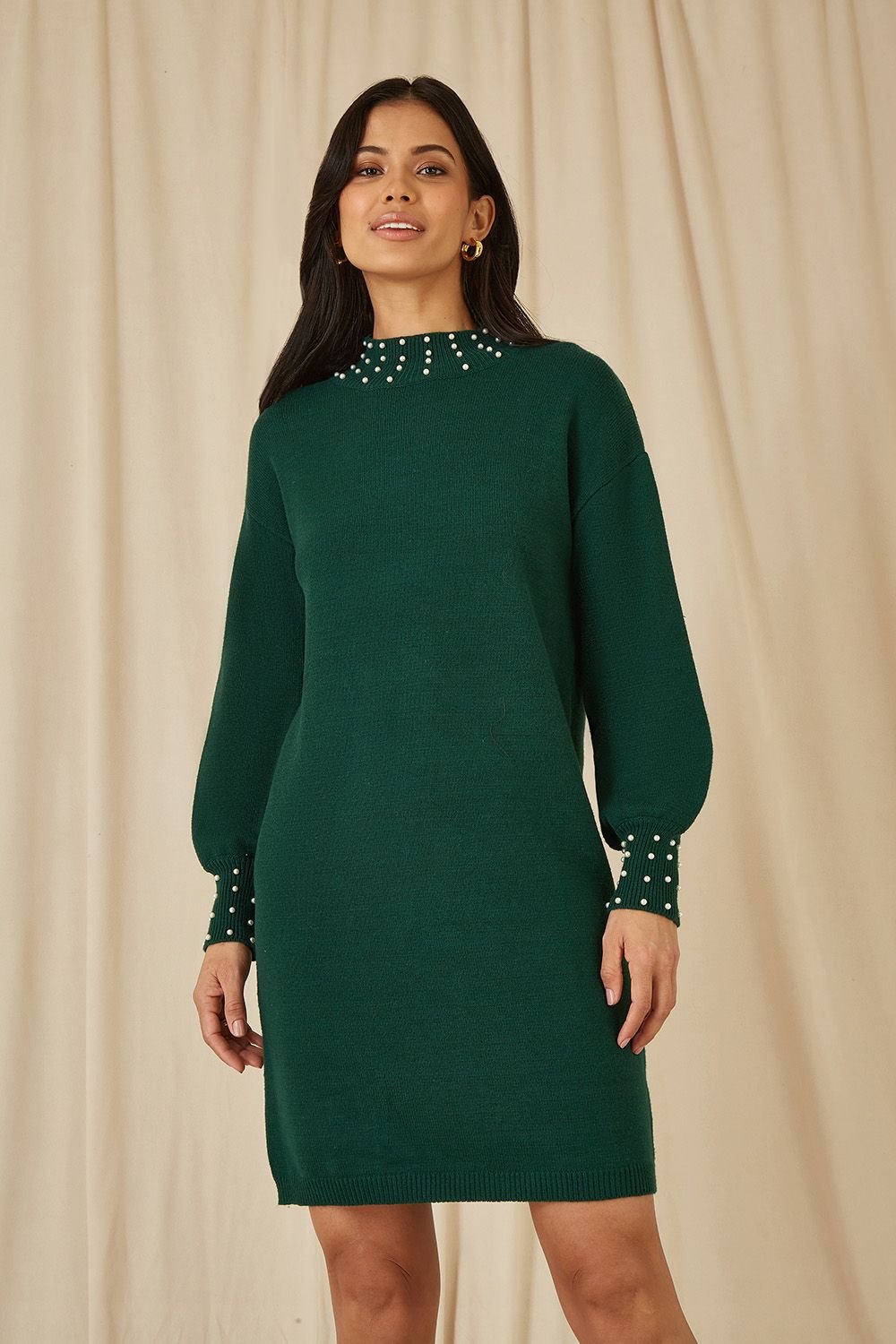 Yumi Yumi Women's Green Pearl Detail Knitted Relaxed Jumper Dress - 2