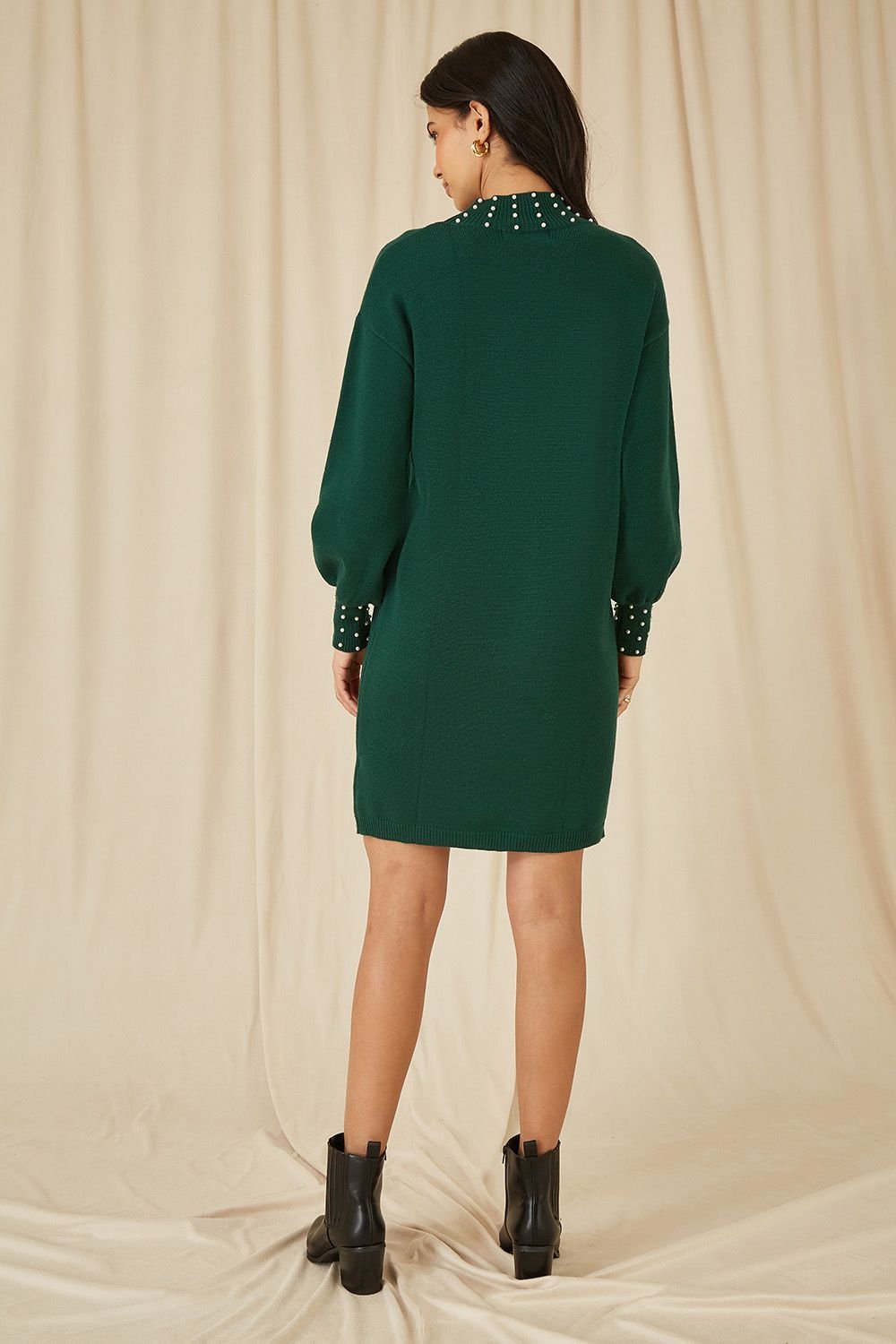 Yumi Yumi Women's Green Pearl Detail Knitted Relaxed Jumper Dress - 4