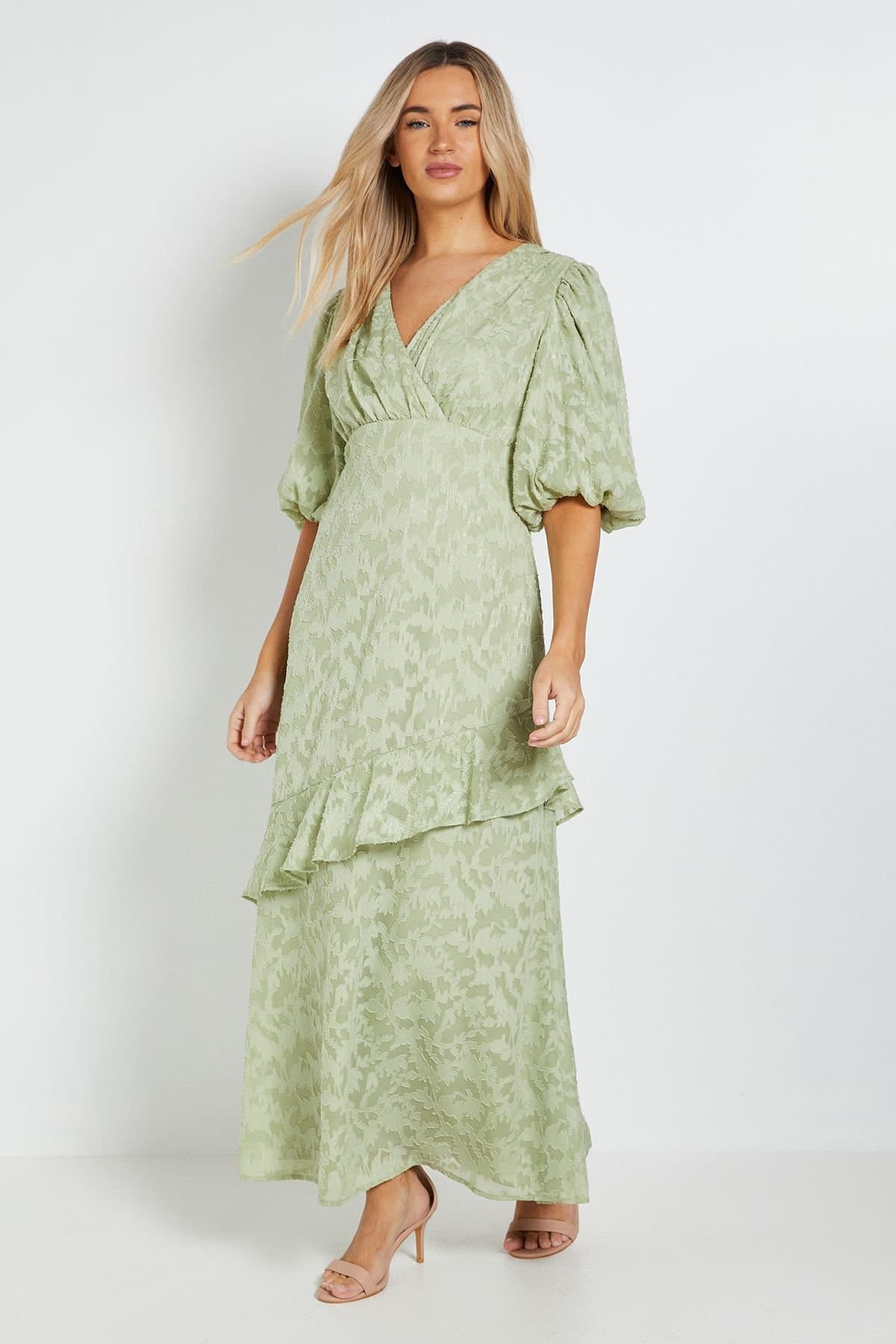 Dorothy Perkins Dorothy Perkins Women's Petite DP Luxe Wrap Front Puff Sleeve Ruffle Maxi Dress in Sage