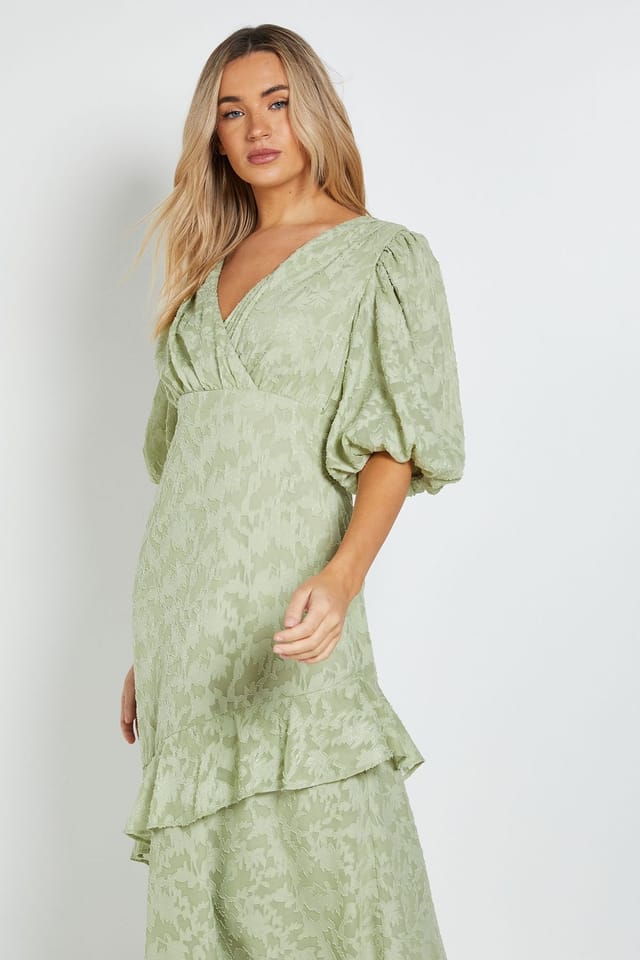 Dorothy Perkins Dorothy Perkins Women's Petite DP Luxe Wrap Front Puff Sleeve Ruffle Maxi Dress in Sage - 2