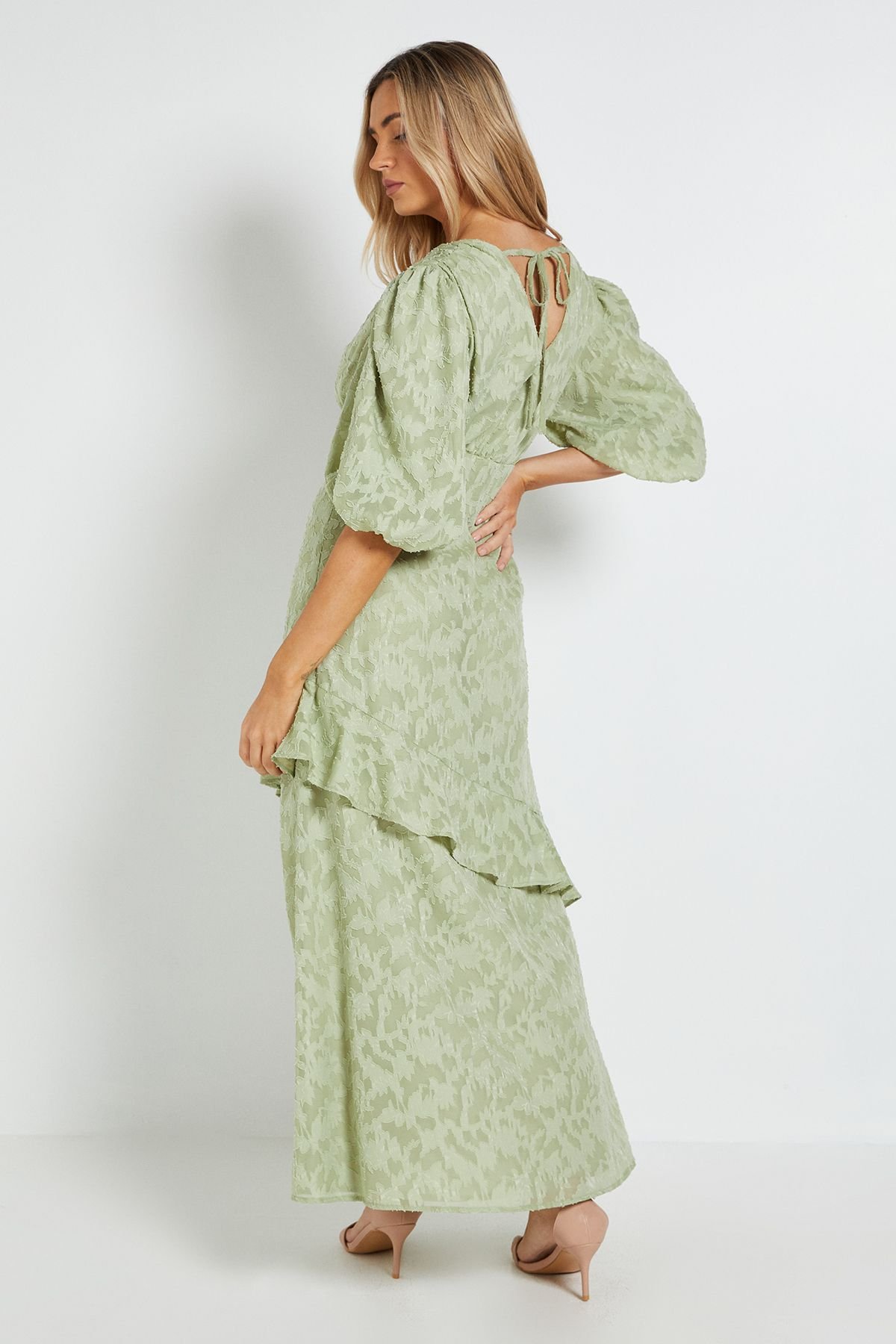 Dorothy Perkins Dorothy Perkins Women's Petite DP Luxe Wrap Front Puff Sleeve Ruffle Maxi Dress in Sage - 3