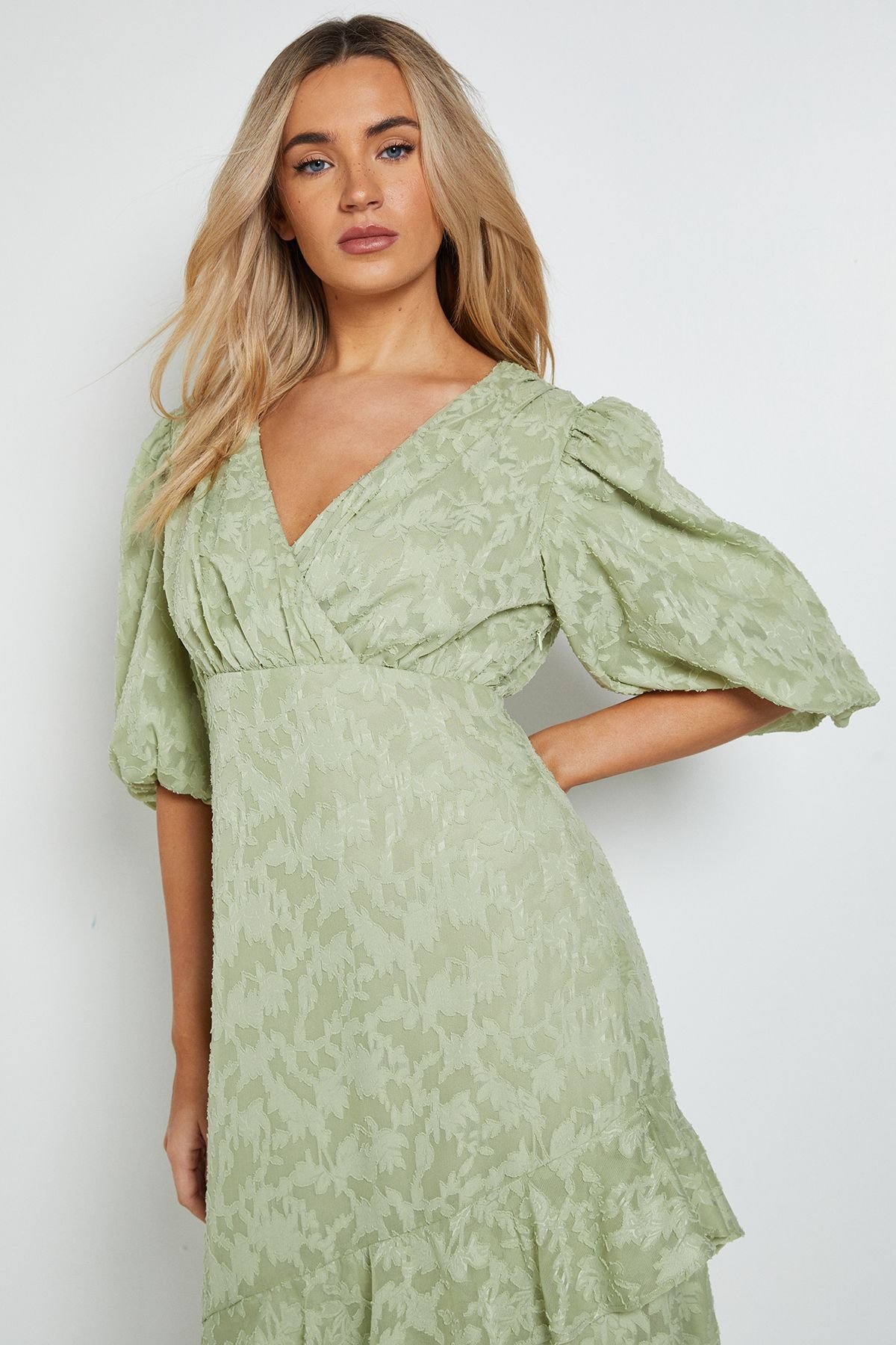 Dorothy Perkins Dorothy Perkins Women's Petite DP Luxe Wrap Front Puff Sleeve Ruffle Maxi Dress in Sage - 4