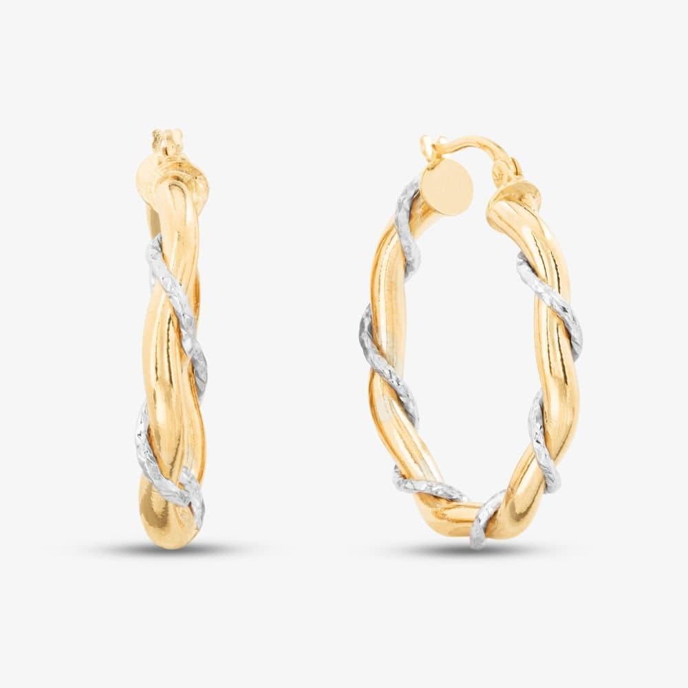 T.H.Baker T.H.Baker Women's 9ct Yellow Gold Two Tone Wave Rope Hoop Earrings UER137YW in Silver