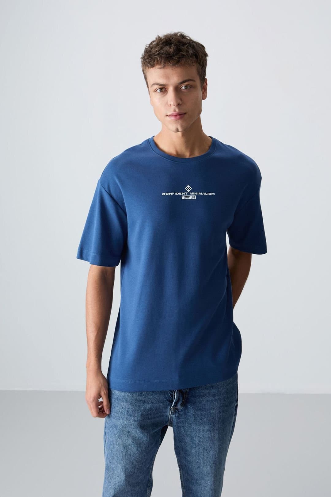 Tommy Life Tommy Life Men's Oversized Cotton Blend Crew Neck T-shirt in Blue