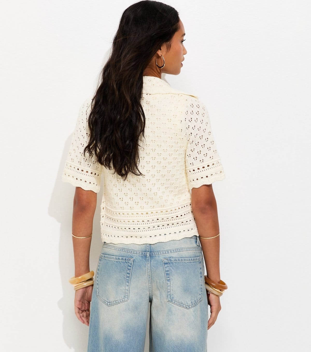 New Look Women's Cream Pointelle Tie Front Collared Top New Look - 4