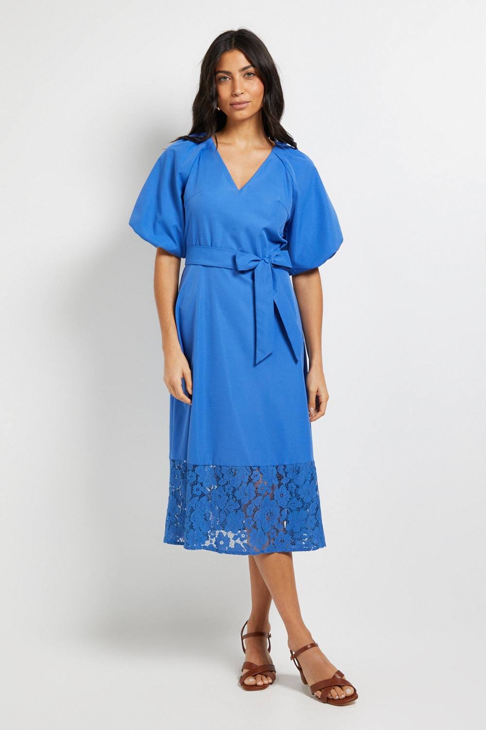 Wallis Wallis Women's Puff Sleeve Lace Trim Midi Dress in Blue - 2