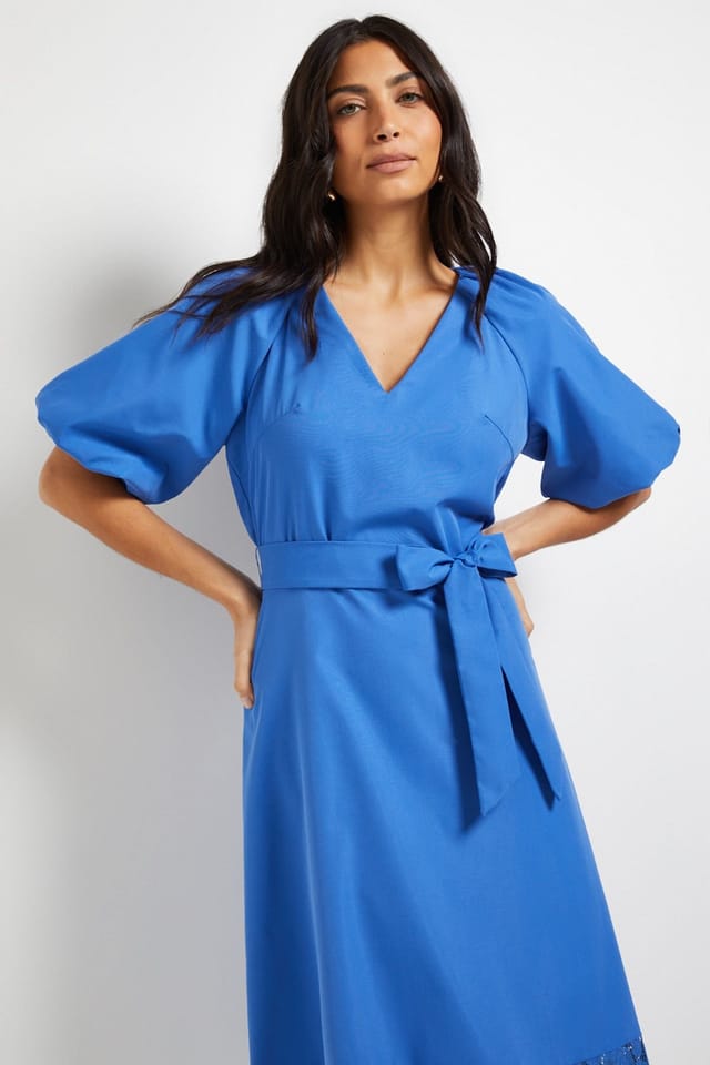 Wallis Wallis Women's Puff Sleeve Lace Trim Midi Dress in Blue - 2
