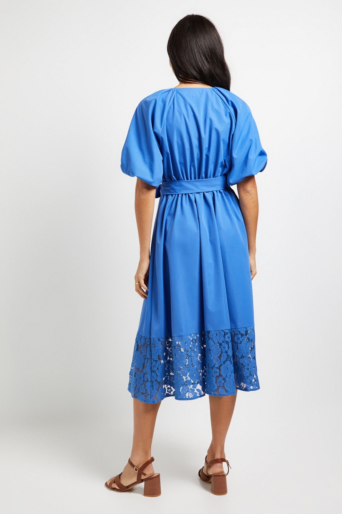 Wallis Wallis Women's Puff Sleeve Lace Trim Midi Dress in Blue - 3
