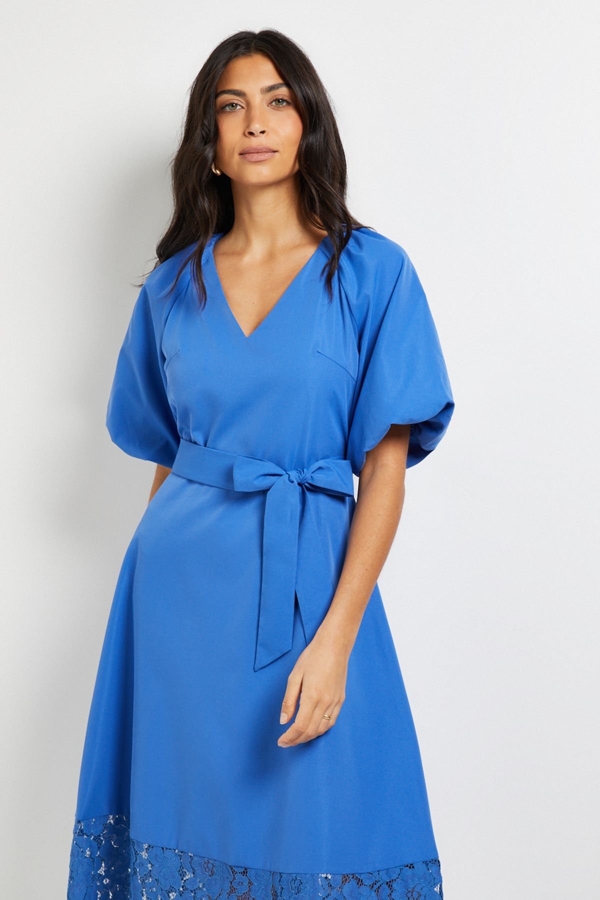 Wallis Wallis Women's Puff Sleeve Lace Trim Midi Dress in Blue - 4
