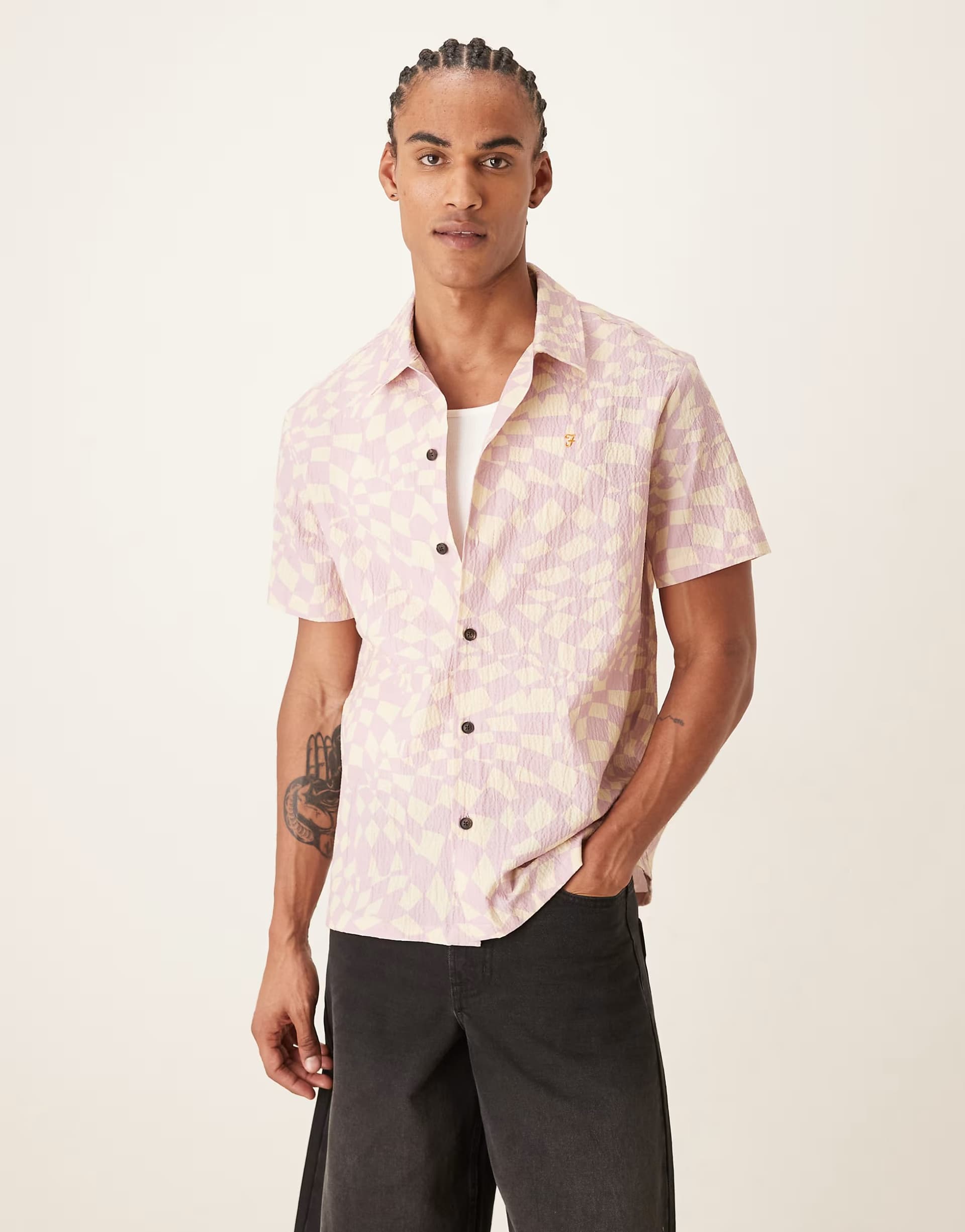 ASOS Farah Angelo short sleeve abstract print shirt in pink