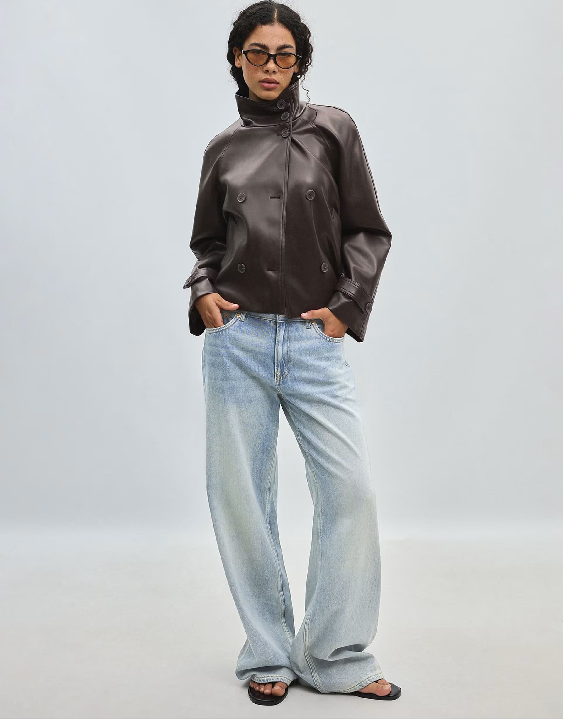 ASOS Stradivarius Short leather effect trench coat in dark grey