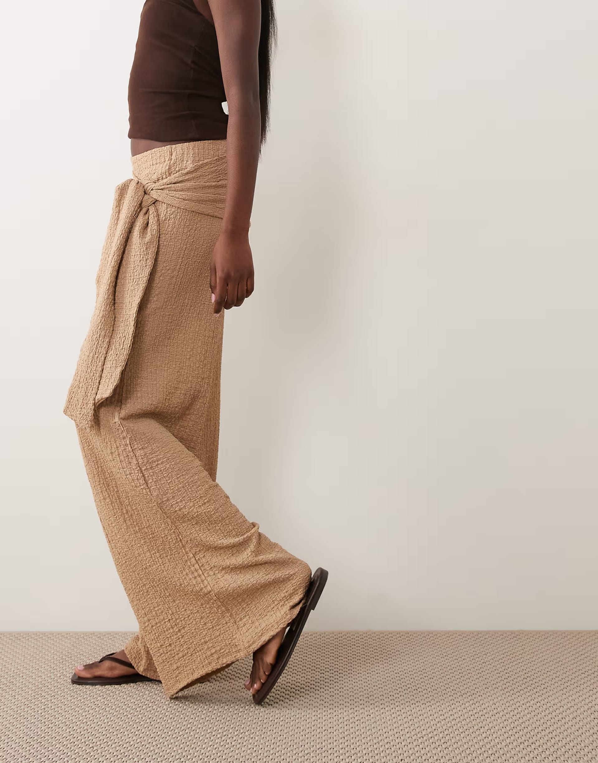 ASOS DESIGN Textured Ruched Tank Top Co-ord in Beige